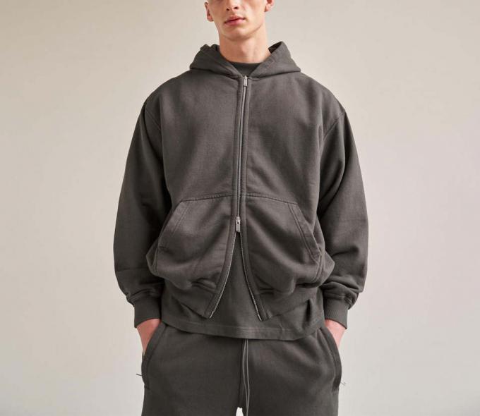 Pure kleur Custom Logo Cotton Sports Wear Men Fleece Zip Up Hoodie Jacket 2
